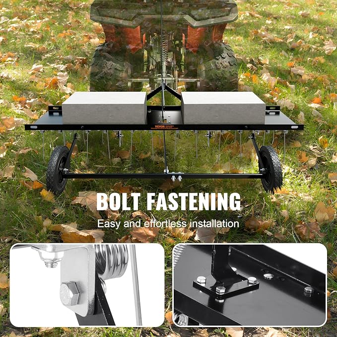 VEVOR Tow Behind Dethatcher, 48-inch Tow Dethatcher with 24 Spring Steel Tines, Lawn Dethatcher Rake for ATV or Mower, Tow Behind Lawn Rake with Lift Handle for Garden Farm Grass