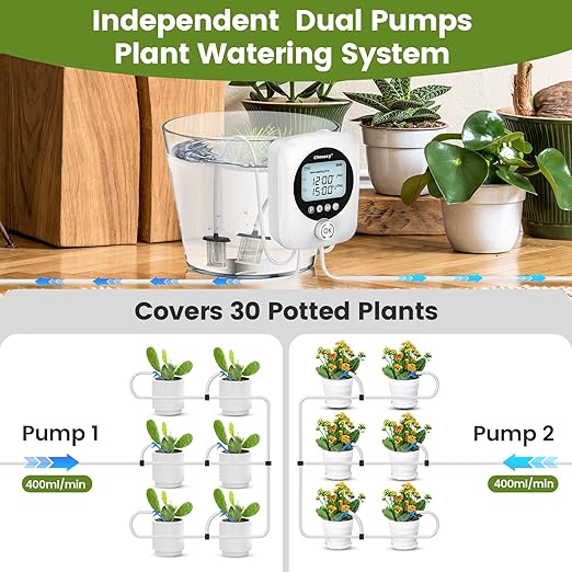 98FT Automatic Plant Waterer Indoor - Chtoocy Dual Pumps Independent Automatic Watering System for 30 Potted Plants, Drip Irrigation System Vacation Plant Watering Device with Programmable Water Timer