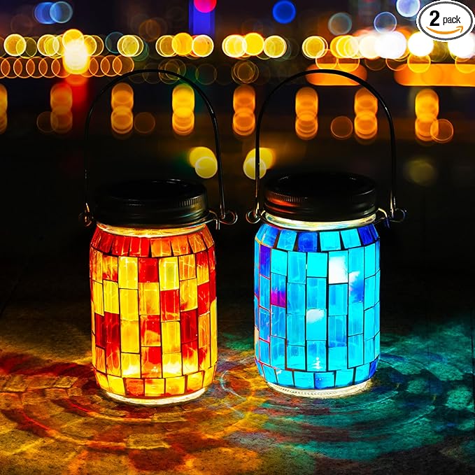 VOREEN 2 Pack Mosaic Solar Lanterns, Outdoor Glass Hanging Lights, Solar Table Lamps, Waterproof Night Lights, Color Jar Lights Easter Gifts, Decor for Garden, Patio, Yard, Balcony, Blue&Orange