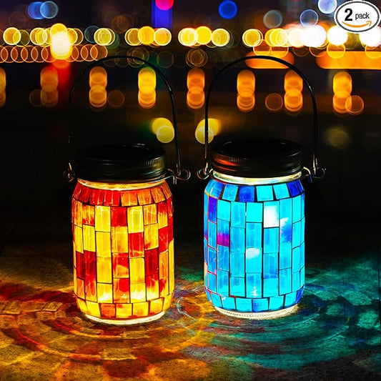 VOREEN 2 Pack Mosaic Solar Lanterns, Outdoor Glass Hanging Lights, Solar Table Lamps, Waterproof Night Lights, Color Jar Lights Easter Gifts, Decor for Garden, Patio, Yard, Balcony, Blue&Orange