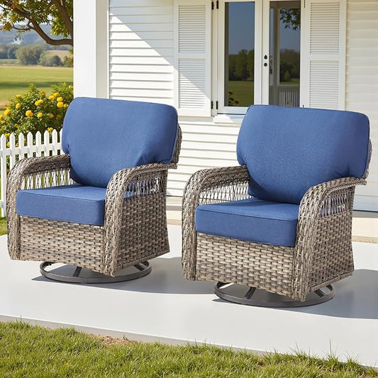 Outdoor Swivel Rocker Chairs - Patio Rocking Chairs Set of 2, Wicker Patio Set with 5" Thick Cushion, Rattan Patio Swivel Rocking Chairs for Porch, Deck, Backyard Blue/Gray