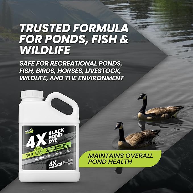 1 Gallon Reflective Black Pond Dye, 4X Concentrate Pond Dye Black, Natural Looking and Long Lasting Liquid Lake Colorant, Protects Against Sunlight - Ideal for Fish, Birds, and Wildlife