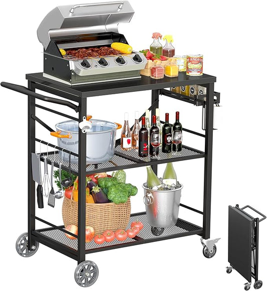 Ciokea Folding Outdoor Grill Cart with Wheels, 3-Shelf Grill Table with 27x18 in Table Top, Rolling Pizza Oven Stand, Metal Portable Cart for BBQ Patio Camping (All Black)
