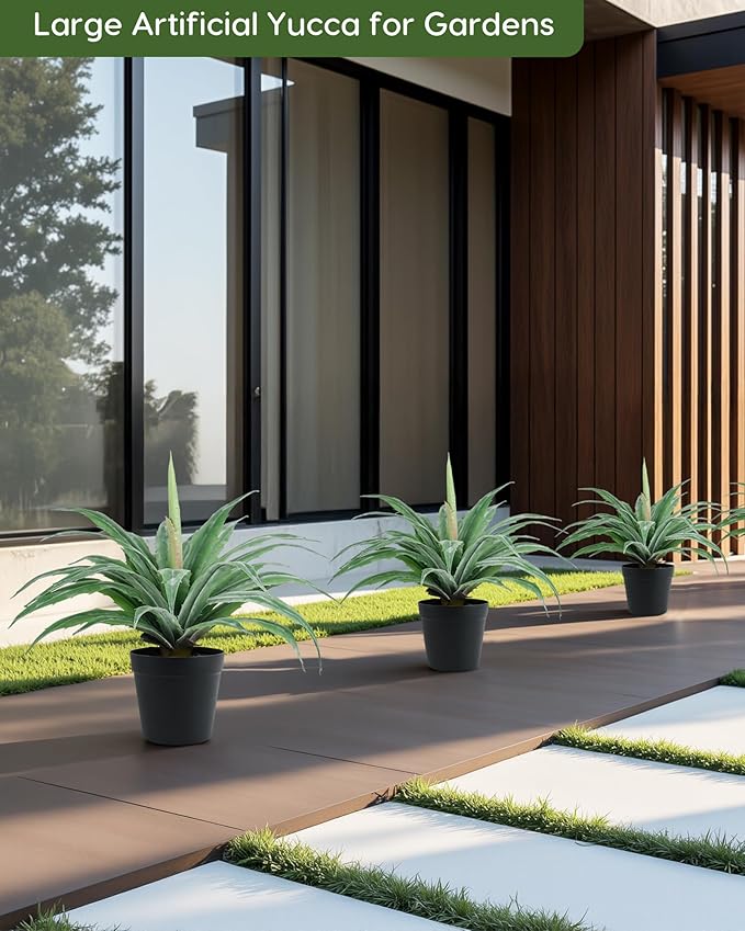 Velener Artificial Agave Plant in Black Pot with Real Stone Pebbles, Large Fake Agave Plants with Green Serrated Leaves, Faux Yucca for Indoor and Outdoor Decor-17 Inches Tall, 29 Leaves