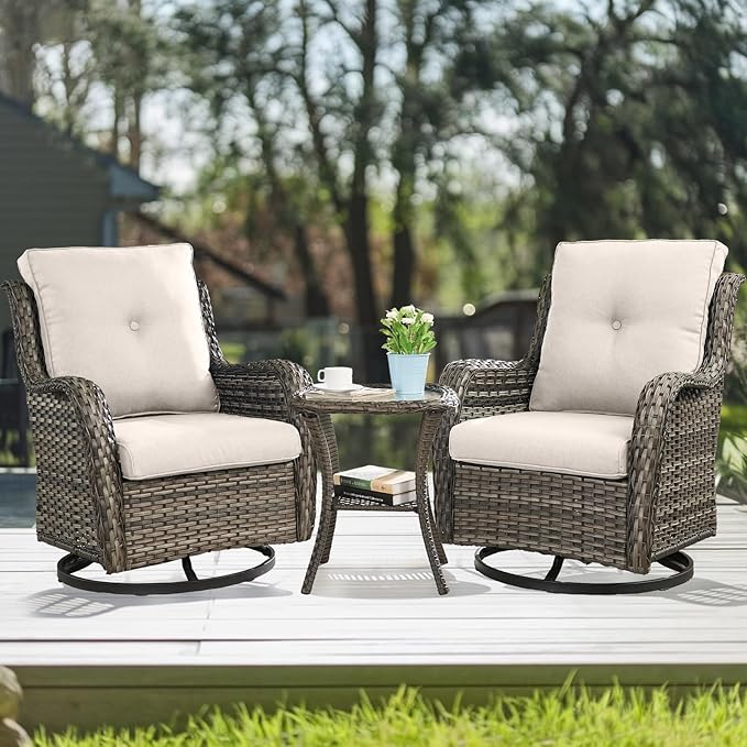 HUMMUH 8 Pieces Outdoor Patio Furniture Set with Fire Pit,L-Shaped Modular Sectional Couches with Swivel Patio Chairs,Wicker Conversation Set for Deck,Backyard,Porch,Garden