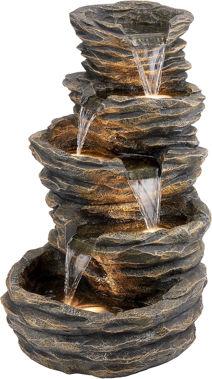 Alpine Corporation GIL110 Outdoor 5 Tiered Natural Look Rock Water Floor Fountain with Replaceable Lights,39" H, Brown