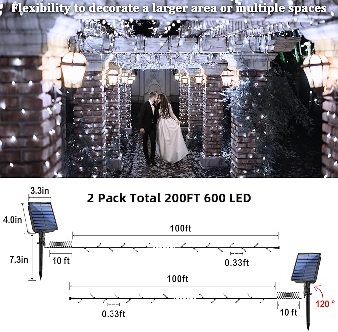 2-Pack 200FT Solar String Lights for Outside, 600 LED Extra-Bright Solar Light Outdoor with 19 Modes & Timer, Waterproof Fairy Solar Lights for Garden Patio Tree Christmas Decorations (Cool White)