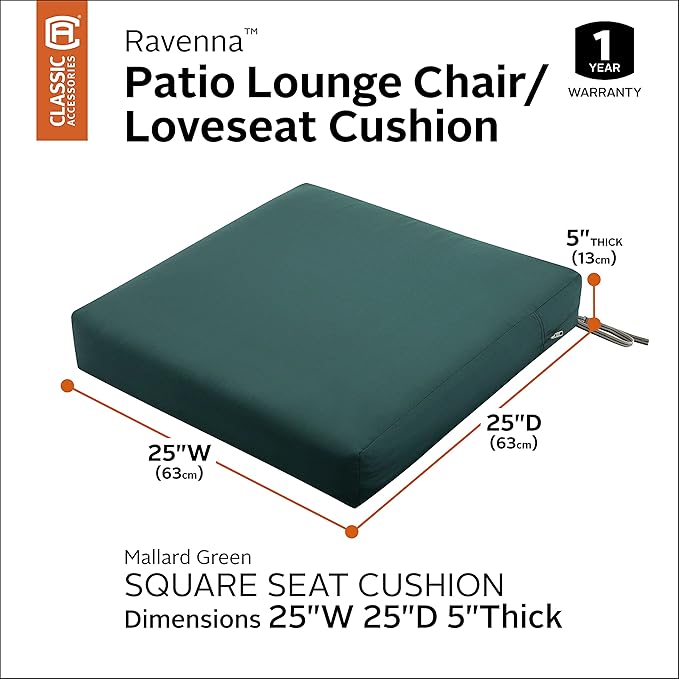 Classic Accessories Ravenna Water-Resistant 25 x 25 x 5 Inch Square Patio Seat Cushion Slip Cover & Foam, Mallard Green, Lounge Chair Cushion