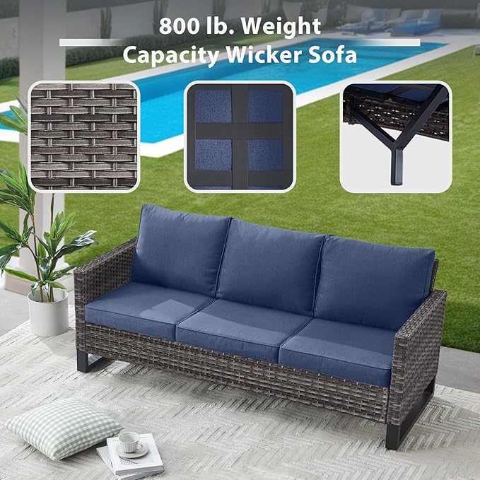 6 Piece Wicker Patio Furniture Set - Outdoor Swivel Rocker Chairs Set with Side Table, 3 Seat Sofa and Ottomans, Small Patio Conversation Sets Proch Furniture for Balcony Deck - Grey/Blue