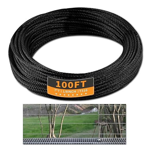 100FT 1/8" Stainless Steel Cable Black 7x7 Strands Aircraft Cable T316 Wire Rope with Cable Cutter 1800lbs Breaking Strength for Deck Cable Railing, Stair, Fence, DIY Balustrades