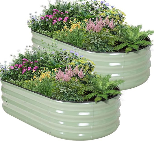 Galvanized Raised Garden Bed - 4×2×1ft (2 Packs) Planter Raised Beds for Gardening | Oval Metal Garden Planter Box with Safety Edging and Gloves for Vegetables Fruits Flower - AvocadoGreen