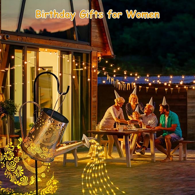 YJFWAL Solar Watering can with Lights, Unique Gifts for Mom Grandma Women Birthday, Waterproof Gardening Gifts Watering Can with Cascading Lights Outdoor Decor for Garden Patio Yard Pathway Backyard