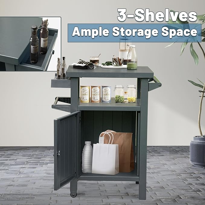 Grill Cart Outdoor with Storage Cabinet, Portable Rolling Patio Bar Cart with Wheels, BBQ Prep Table, Movable Stainless Steel Kitchen Island Dining Cart for Food/Drink/Cooking -Grey