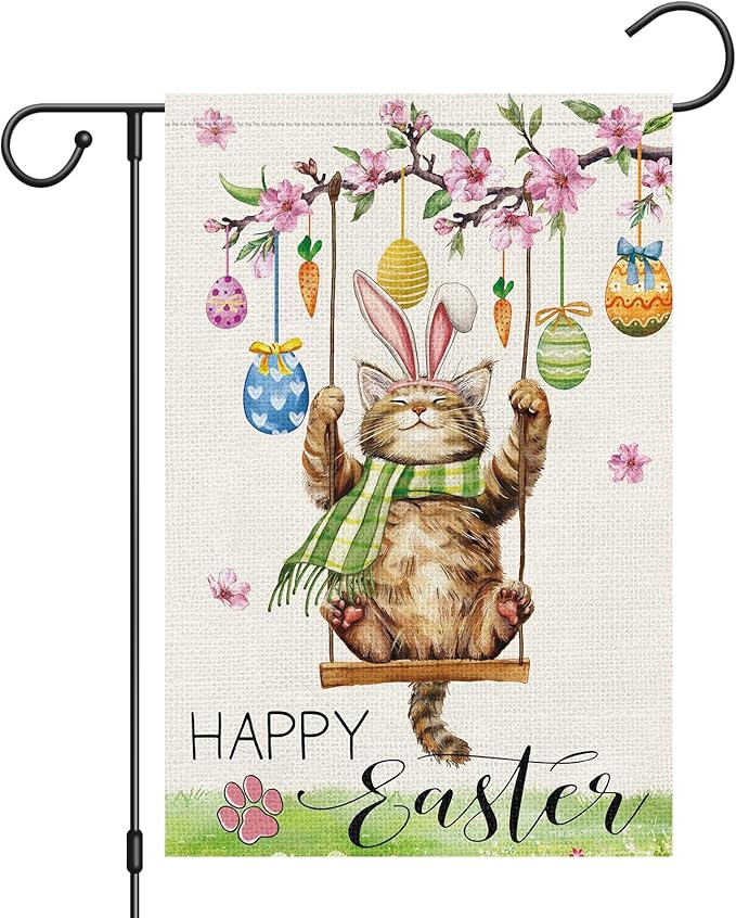Heyfibro Happy Easter Cute Cat Garden Flag 12x18 Double Sided Burlap, Spring Summer Magnolia Flower Easter Egg Small Yard Banner for Seasonal Holiday Farmhouse Yard Outdoor Decor(ONLY FLAG)