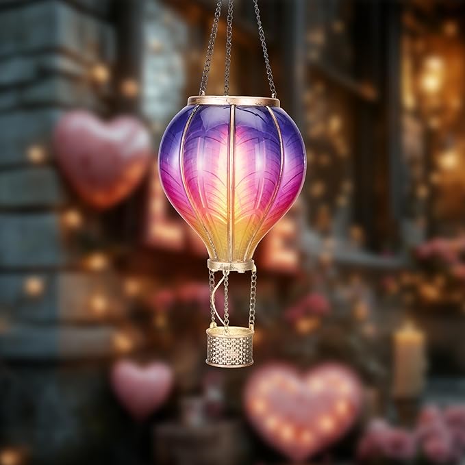 TERESA'S COLLECTIONS Hot Air Balloon Solar Lantern for Garden Decor ,Flickering Flame Hanging Solar Light for Outdoor ,Purple & Pink Plastic Lamp for Yard Tree Gift for Mom