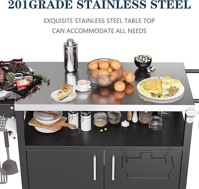 JY QAQA Outdoor Grill Cart with Storage,Patio Kitchen Island Outdoor Grill Table with Wheels,BBQ Cart Movable Pizza Oven Table Stand, Storage Cabinet, Foldable Tabletop, (Black)