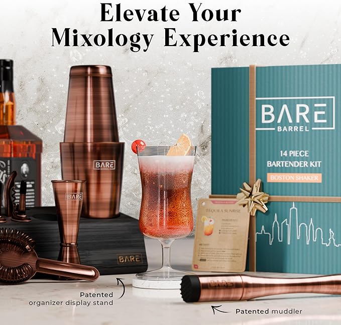 BARE BARREL® Mixology Bartender Kit Bar Set | 14-Piece Cocktail Shaker Set | Martini Barware Mixing Tools for Home Bartending | Incl. 35 Recipe Cards | Gift Set (28oz Boston Shaker, Copper/Black)