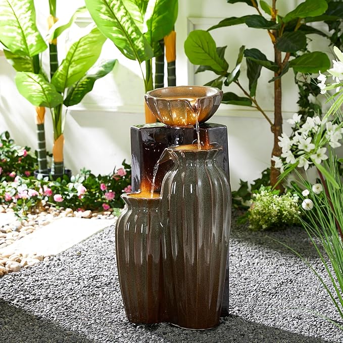 Glitzhome 26.75" H Ceramic Outdoor Water Fountain with LED Lights and Pump, Two Tone Olive Green and Brown Reactive Fluted Texture Cascading Waterfall Floor Standing Fountain for Porch Garden Patio