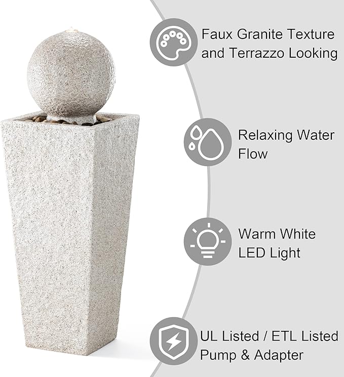 Glitzhome Outdoor Water Fountain with LED Light, Modern Oversized Sphere Pedestal Water Fountain with Submersible Pump, Modern Geometric Outdoor Fountains for Garden Patio Porch, 40.25" H
