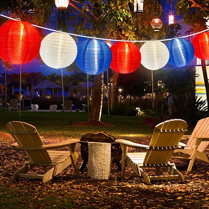 25FT Red White Blue Lantern String Lights Plug in, Large Lantern 4th of July Decor Lights with 10 G40 LED Bulbs, Chinese Hanging Outdoor Patio Lanterns for Independence Day Memorial Patriotic Party