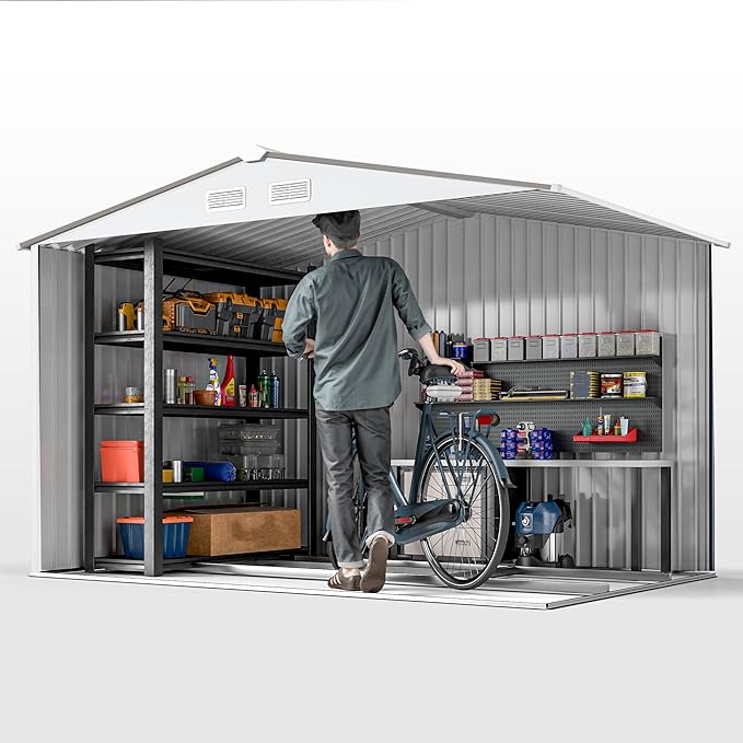 Outsunny 9' x 6' Outdoor Storage Shed, Garden Tool Metal Shed with Foundation Kit, Double Lockable Door, Air Vents and Sloping Roof, for Backyard, Patio, Lawn, Silver