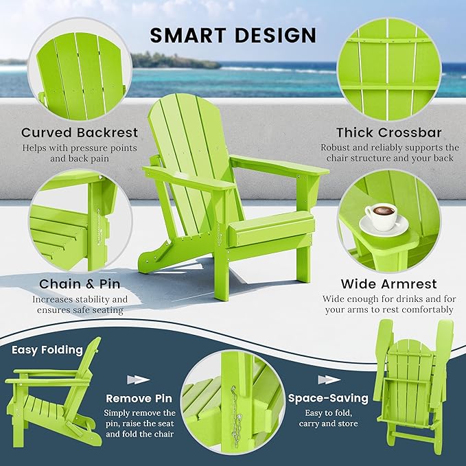 Westin Outdoors Laguna WO Outdoor Adirondack Folding Patio Chairs 8 PCS Set Retro Beach Aesthetic for Backyard, Lawn, Patio, Deck, Garden, Weather Resistant Polyethylene Plastic Lounger (Lime Green)