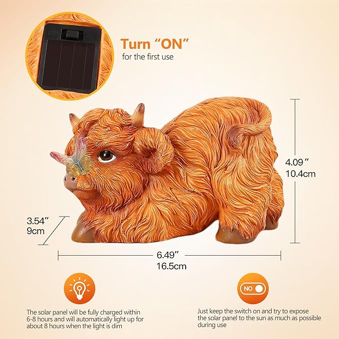 Highland Cow Solar Powered Outdoor Garden Statue, Resin Highland Cow Statue with Solar Light Lantern, Decorative Lawn, Yard Outdoor Highland Cow Decor. Unique home decorations, gifts for women