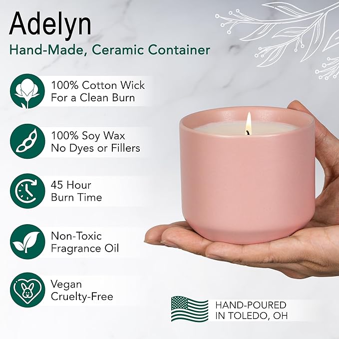 The Growing Candle, Lemongrass Scented, 8oz Ceramic Pot, Single Wick Aromatherapy Candles, 100% Soy for Women and Men, Adelyn