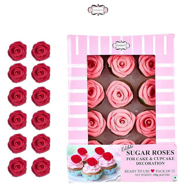 Confect Edible Rose Topper- French Rose Toppers – Pack of 12 Pink French Roses for Cakes, Cupcakes & Donuts – Vegan, Dairy-Free, Palm Oil-Free – Elegant Floral Decorations for Baking