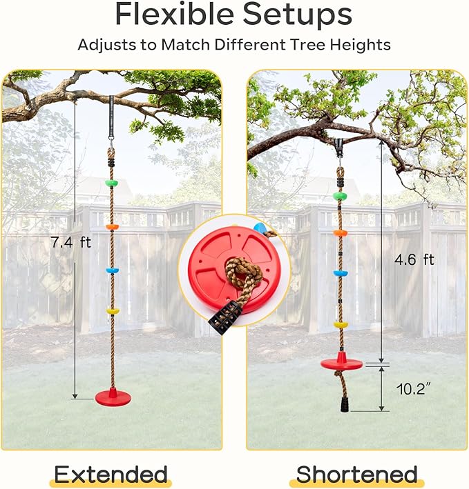 DECORLIFE Adjustable Rope Swing for Kids, Climbing Rope Disc Swing with Platforms, Carabiner and Tree Strap, Tree Swing for Outdoor, Swing Set Playground Accessories, Red