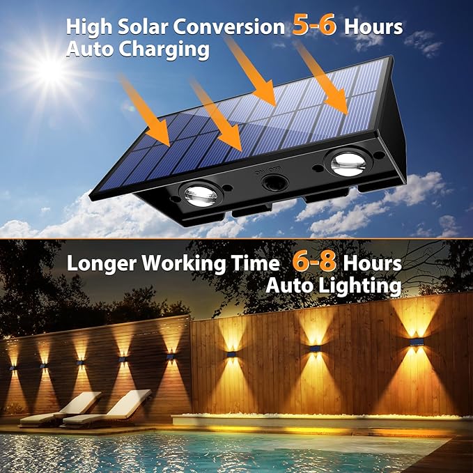 Solar Fence Lights,6Pack Solar Lights Outdoor Warm White + RGB Up & Down Waterproof 100 Lumens Dusk to Dawn for Wall/Backyard/Pool/Railing/Patio/Porch/Step