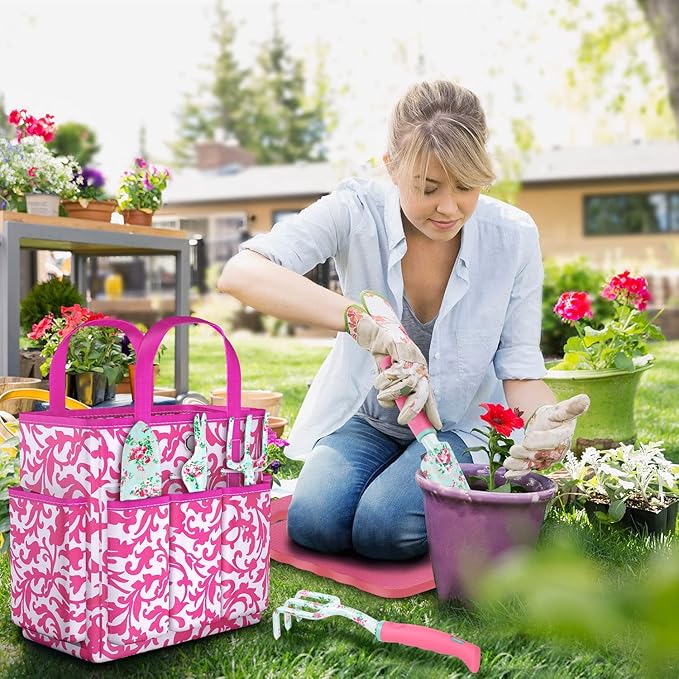 Gardening Tools, 8 Pcs Heavy Duty Floral Garden Tool Set Birthday Gifts for Women WANCHI Rose Red Gardening Kit (Garden Tool Bag Kneeling Pad Weeder Fork Hand Rake Pruning Shears Trowel Transplanter)