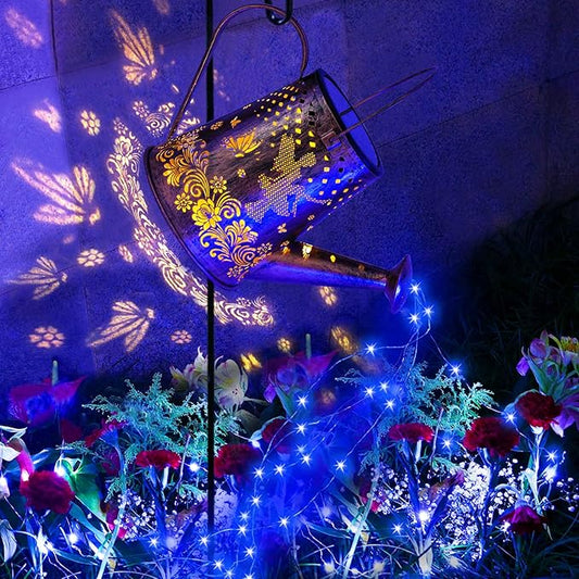 YJFWAL Watering Can With Solar Garden Lights, Fairy Butterfly Decor, Star Shower Art Hanging Waterfall for Outdoor Table, Patio, Yard, Pathway, Walkway (Blue)
