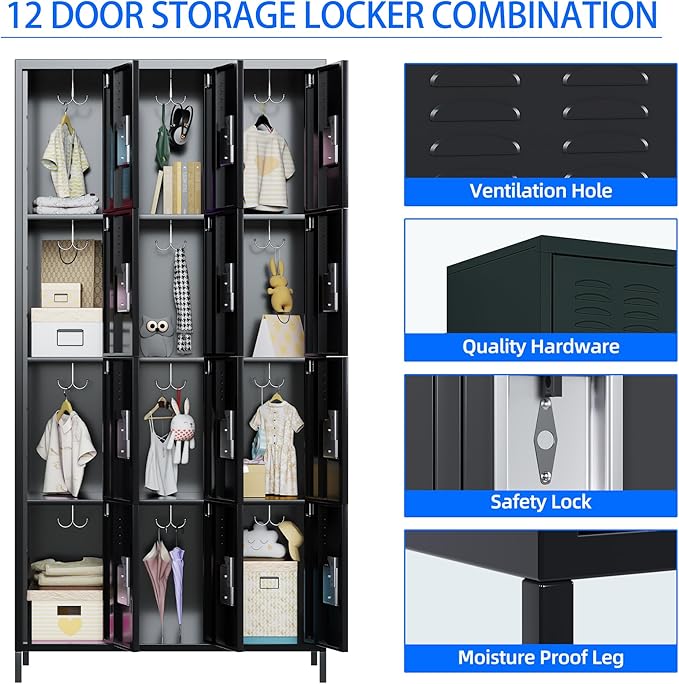 METAN Metal Locker for School Office Gym Bedroom, 12 Doors Black Steel Storage Locker Cabinet for Employees, Industrial Storage Locker, Assembly Required (12 Door-Black)