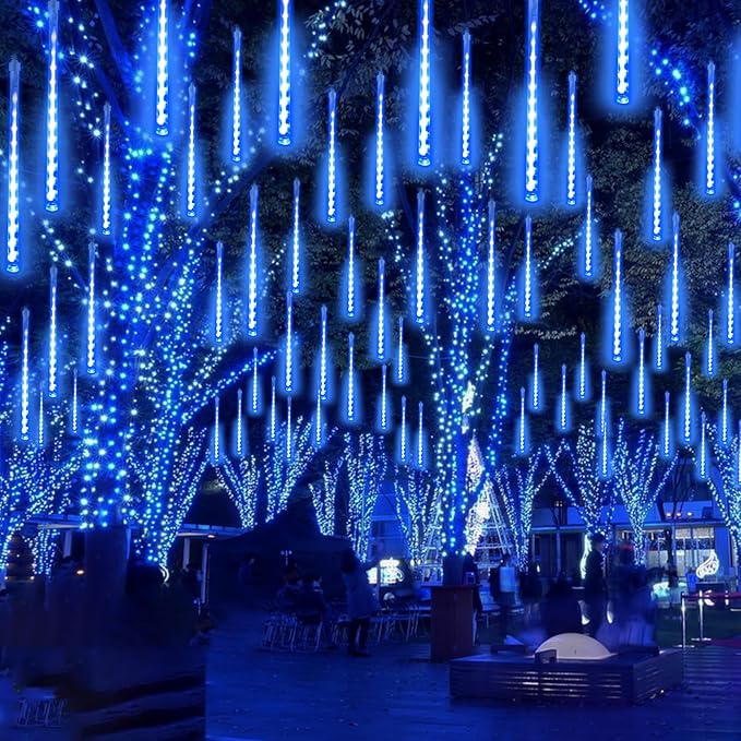 EXF 2-Pack Christmas Decorations Light Outdoor, Meteor Shower Lights 16 Tubes 384 LEDs Indoor Outdoor Rain Drop String Lights for Xmas Tree Roof (Blue)