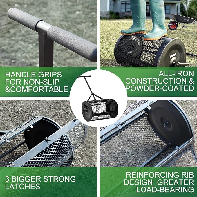 Walensee 24 Inch Compost Spreader Peat Moss Spreader with Upgrade T Shaped Handle for Planting Seeding Durable Lightweight Metal Mesh Spreader for Lawn and Garden Care Manure Spreaders Roller Patented