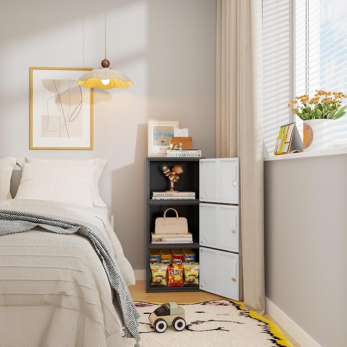 3 Door Metal Vertical Storage Locker for School, Office, Home,Gym,Stackable Steel Storage Cabinet with Lock,Anti-Falling Device. (3 Door, Grey)