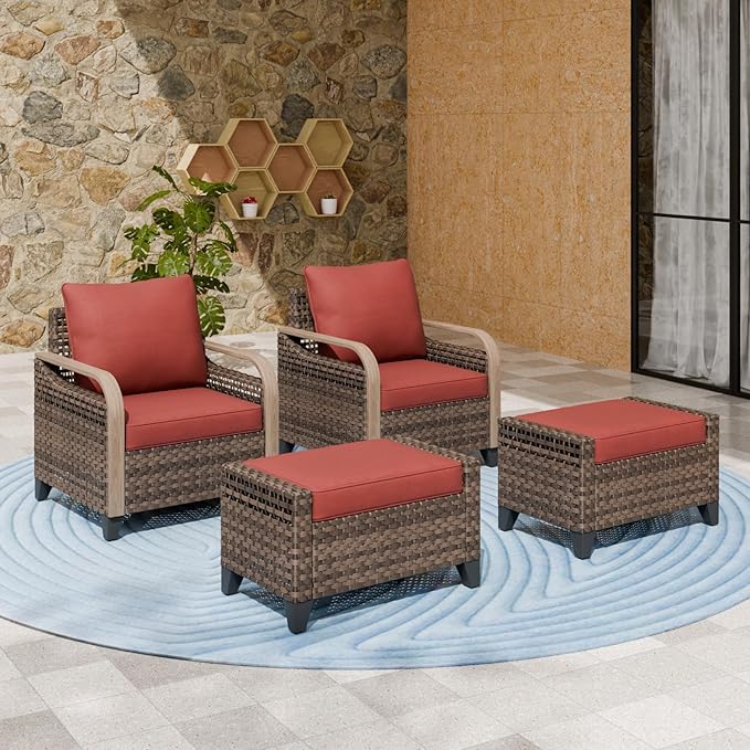 EAGLE PEAK Modern Wicker Outdoor Chair, Patio Chair Curved Armrest, Rattan Patio Furniture for Yard Deck Porch Garden, 2 Chairs 2 Ottomans, 4 Pieces, Brown/Red