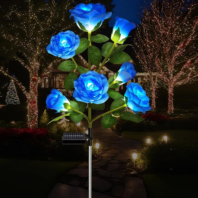 1 Pack Solar Garden Lights Outdoor, 7-Flower Rose Solar Lights for Yard, LED Solar Powered Stake Lights for Patio Pathway Lawn Fence Cemetery, Blue