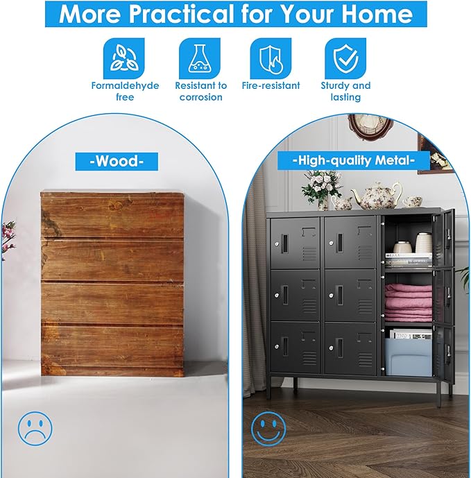 METAN Metal Locker with Padlock and Keys for School Office Gym Bedroom, 9 Doors Black Steel Storage Locker Cabinet for Employees Industrial Storage,Assembly Required