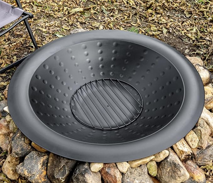 35 inch Steel Fire Bowl for DIY or Replacement Existing Fire Pits, Wood Burning Fire Pit Bowl with Spark Screen &Fire Poker, Fireplace for Backyard, Porch, Deck, Camping, BBQ (Circle Dot)