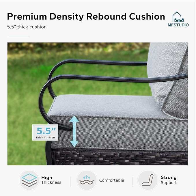 MFSTUDIO 5 PCS Outdoor Patio Furniture Set, Metal Outdoor Conversation Set, Rattan Wicker Patio Sectional Sofa Set with 2 x Swivel Single Sofa, 2-Seat and 3-Seat Sofa, 1 x Coffee Table, Grey