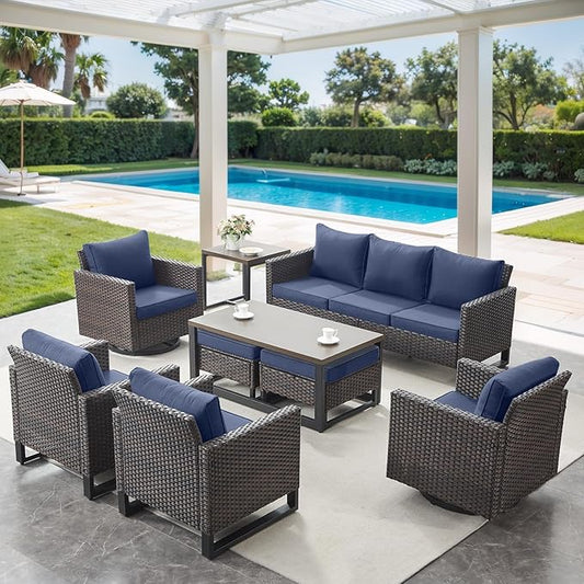 9 Piece Wicker Patio Furniture Set - Outdoor Swivel Rocker Chairs Set with Coffee Table, Rattan Chairs, 3 Seat Sofa & Ottomans, Patio Conversation Sets for Bcakyard Deck - Brown/Blue
