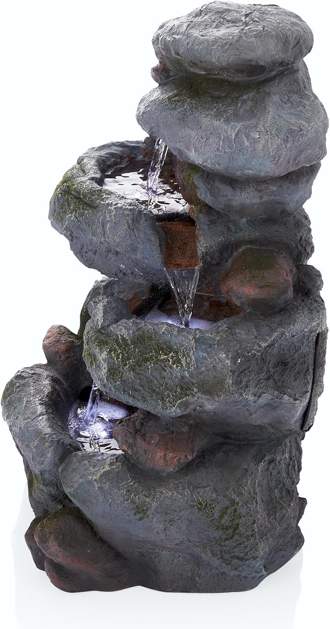 Alpine Corporation WIN582 22" Outdoor 3-Tier Rock Waterfall Fountain with LED Lights for Garden, Patio, Yard, and Porch Decor, Natural Stone Look, Gray