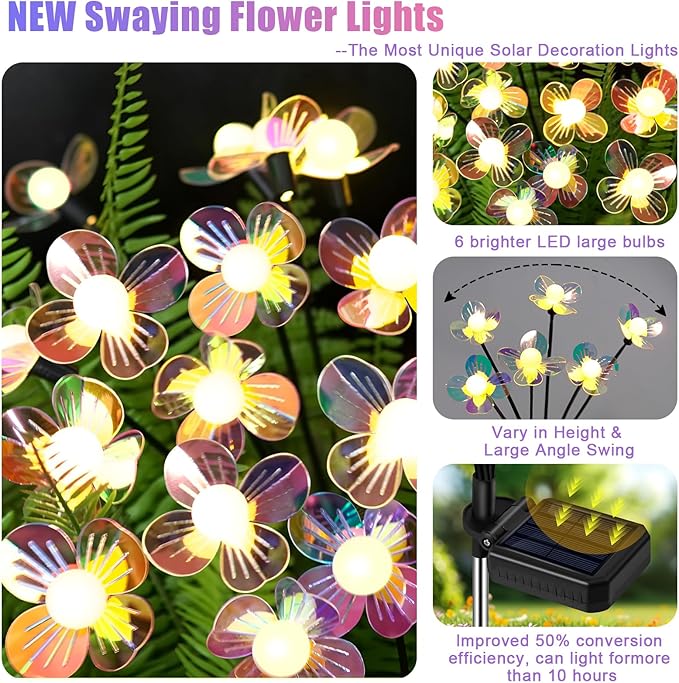 Solar Garden Lights Outdoor, NBQQ New Upgraded 4-Pack Firefly Solar Lights with Iridescent Petals & Warm White Glow - Waterproof Wind-Swaying Decor for Yard, Patio
