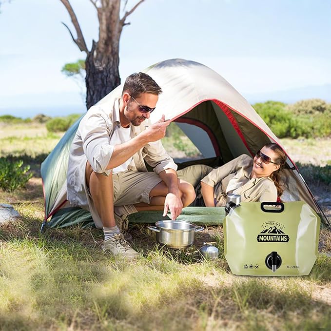 Collapsible 8L Water Storage Bag, BPA-Free Portable Folding Water Jug with Adjustable Faucet, Leakproof Emergency Water Bag for Camping, Hiking, Riding, Outdoor Sport (BEIGE & GREEN, 2)