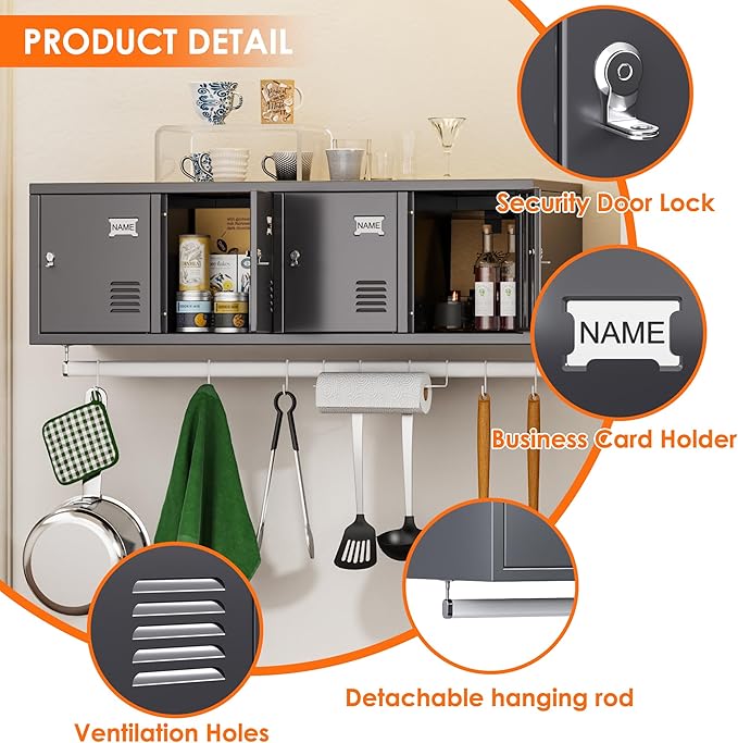 Metal 4 Doors Locker Cabinet with Hanging Rod, Wall-Mounted Storage Lockers for Home, Office, Garage, Storage, Assembly Required, Dark Gray