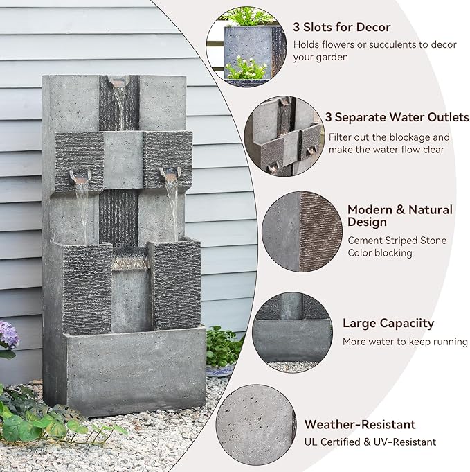 44.8" H Modern Outdoor Water Fountain with LED Lights and Pump, Mutiply-Tier Standing Cascading Waterfall - Modern Design for Garden,Patio,Yard, Multi-Level Outdoor Decor (Gray)