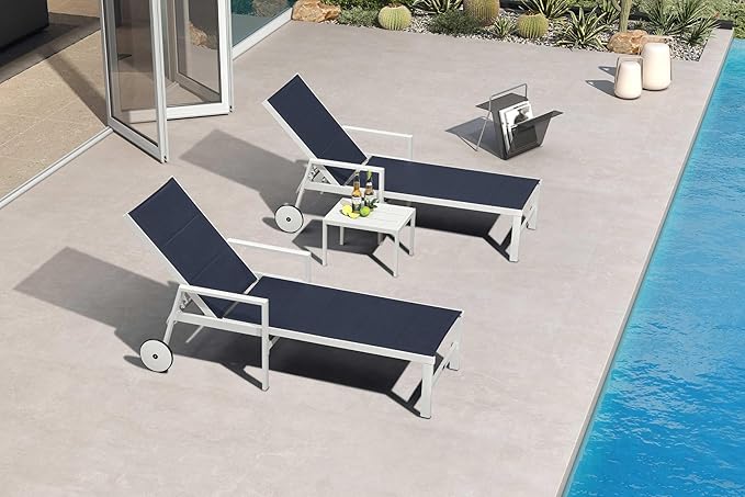 PURPLE LEAF Outdoor Chaise Lounge Set Adjustable Sunbathing Recliner with Armrest and Side Table for Poolside Beach Outside Patio Aluminum Chaise Lounger Navy Blue