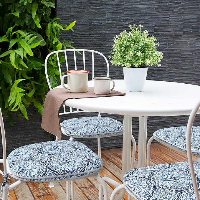 Indoor/Outdoor Chair Cushions 16x17 Inch, Patio Chair Cushions with Ties, All Weather Seat Cushions for Patio Furniture Home Garden Chair Use, Set of 4,Medallion Blue